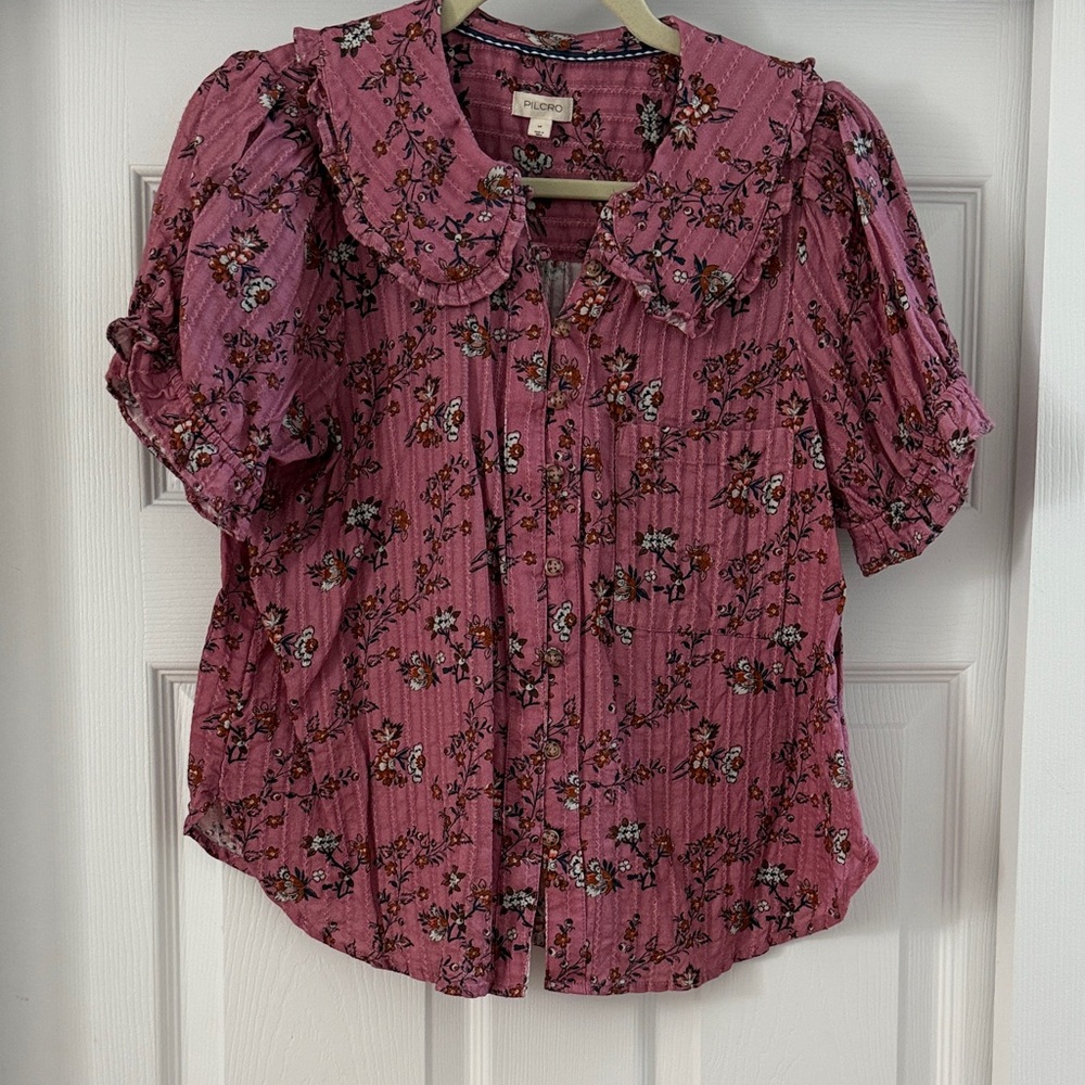 Pilcro Mauve Floral Blouse with Ruffle Collar